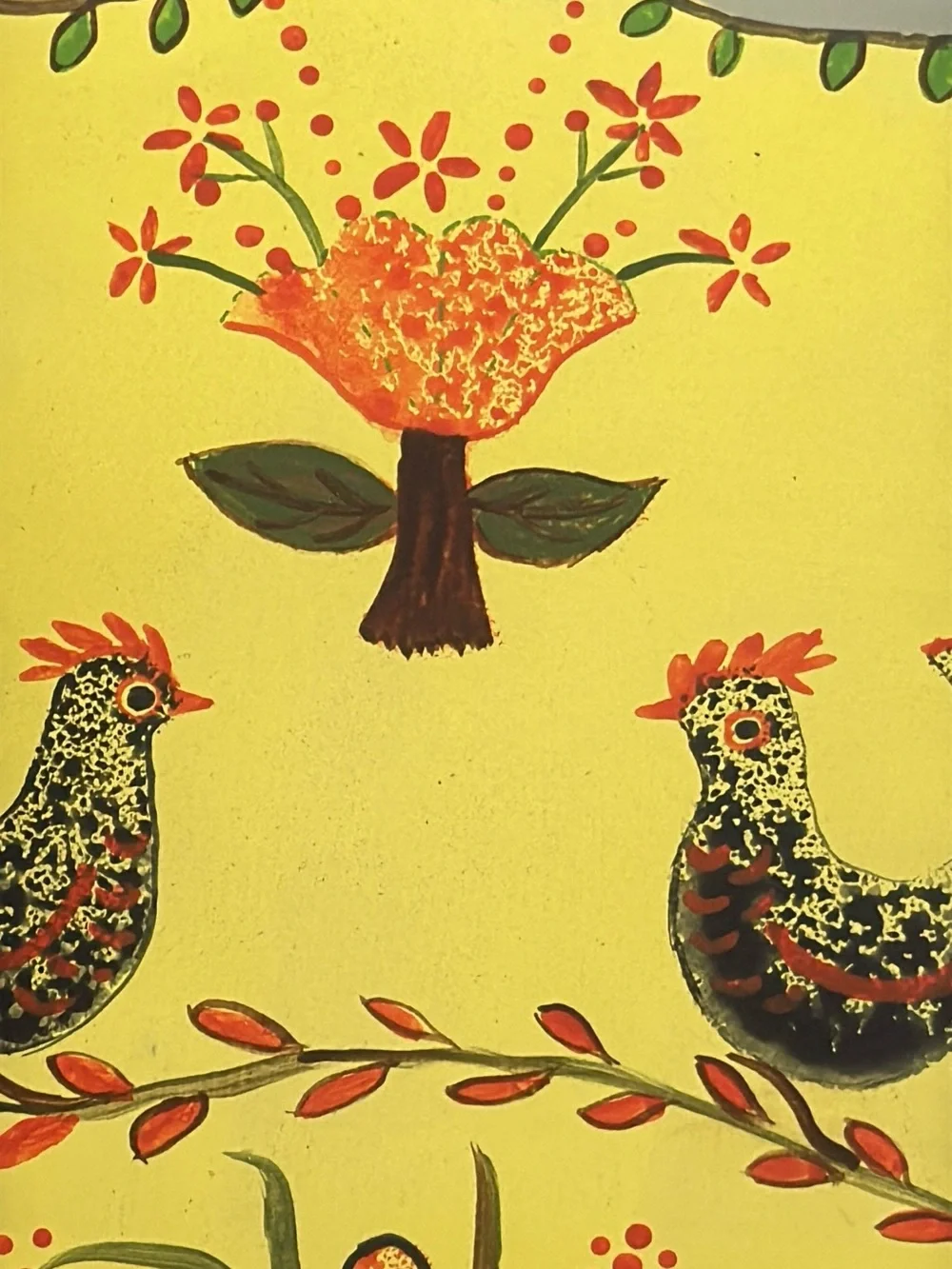 Vintage Hand-Painted Fiesel Ceramic Bright Yellow  Cutting Board, Chickens